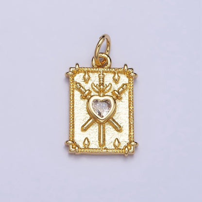Gold, Silver Tarot "Three of Swords" Clear CZ Heart Rectangular Charm | AC997 AC998