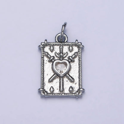 Gold, Silver Tarot "Three of Swords" Clear CZ Heart Rectangular Charm | AC997 AC998