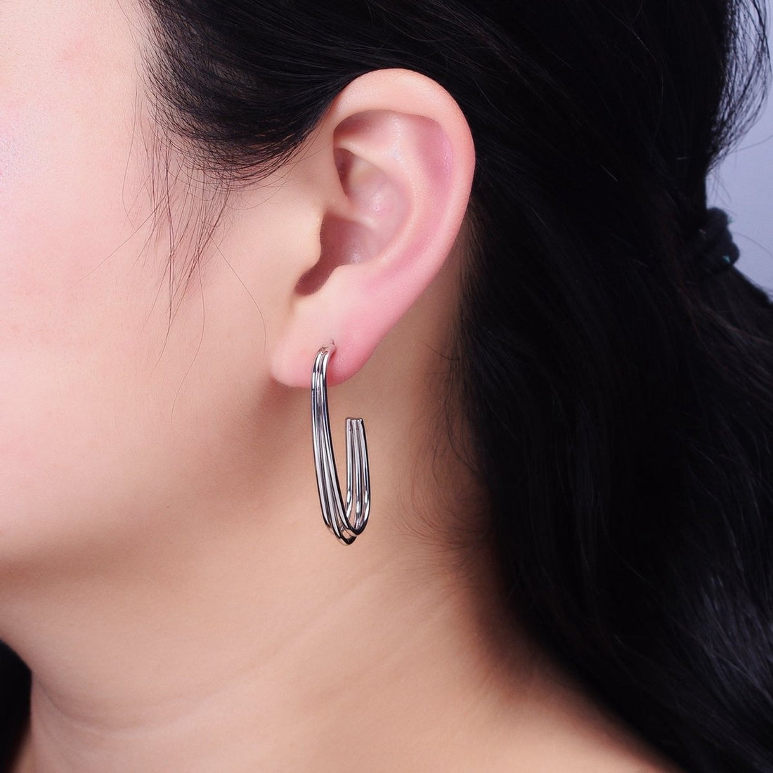 Gold, Silver 40mm Triple Band J-Shaped Geometric Hoop Earrings | AB627 AB628