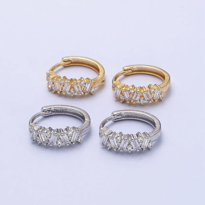 Gold, Silver Zig-Zag Clear Baguette CZ 15mm Huggie Hoop Earrings | AB522 AB527