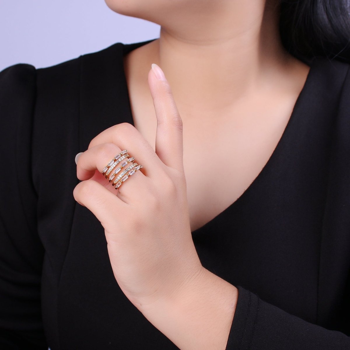 Gold Stackable Baguette Ring Clear CZ Ring Open Adjustable Jewelry U-078