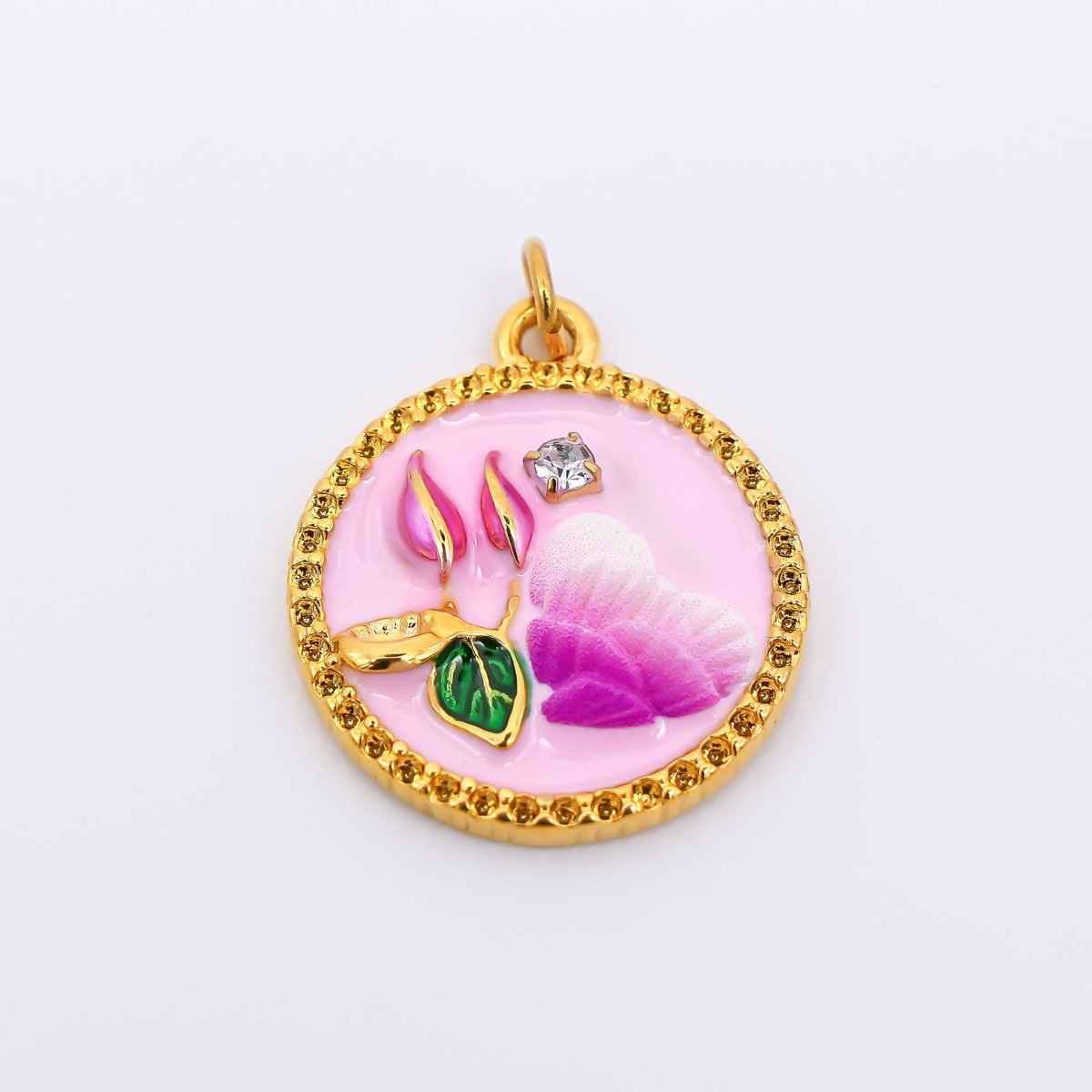 Gold Stainless Steel 23mm Round CZ Hand-Painted Enamel Flower &amp; Heart Charm in Pink &amp; Blue | J012