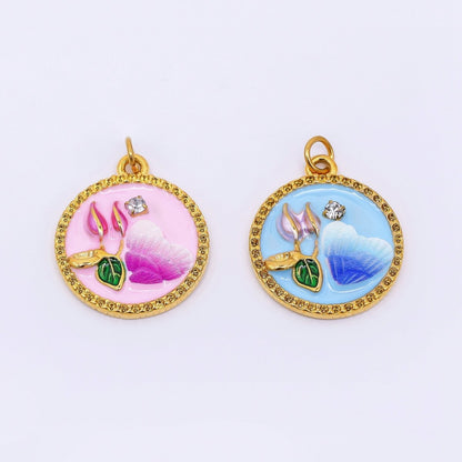 Gold Stainless Steel 23mm Round CZ Hand-Painted Enamel Flower &amp; Heart Charm in Pink &amp; Blue | J012