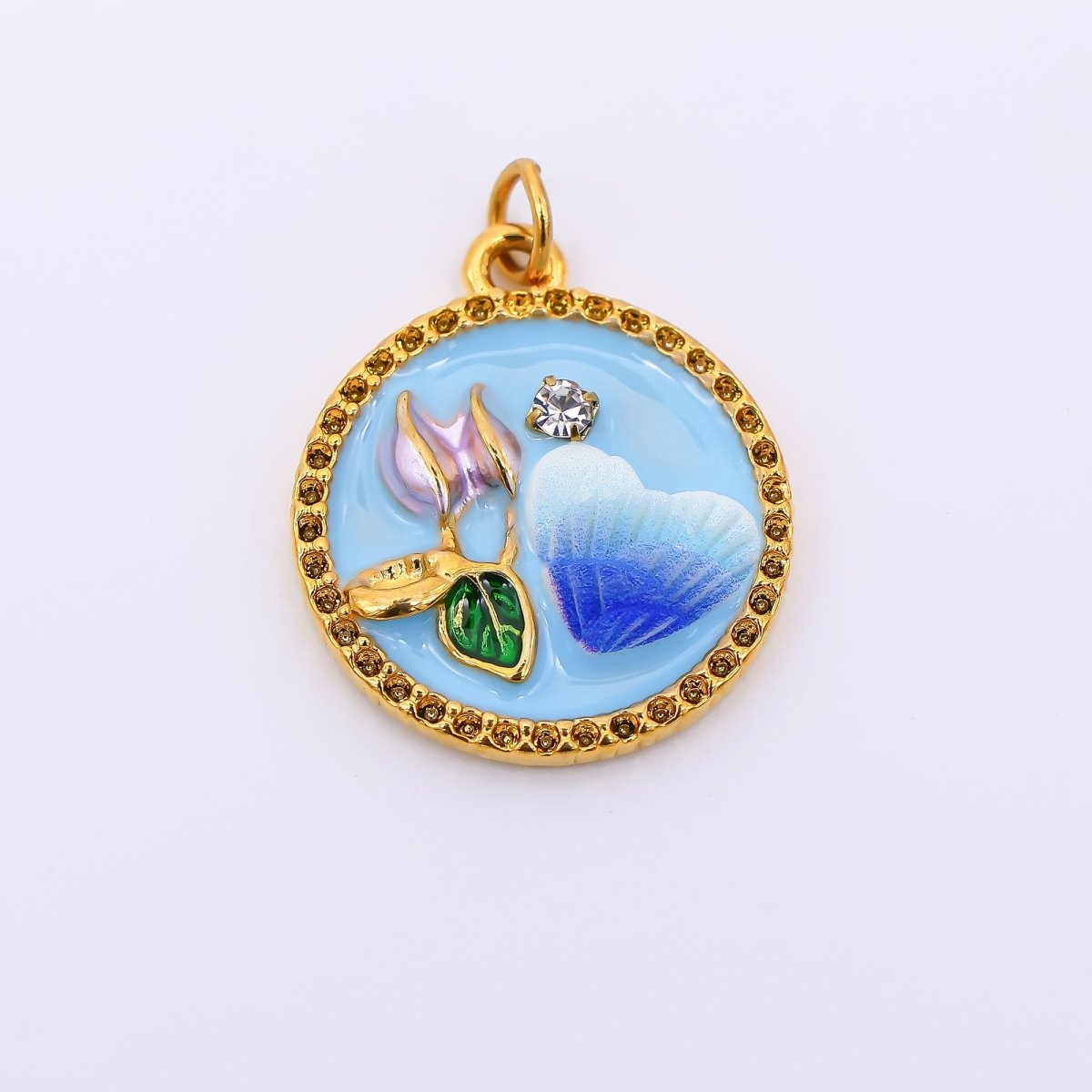 Gold Stainless Steel 23mm Round CZ Hand-Painted Enamel Flower &amp; Heart Charm in Pink &amp; Blue | J012