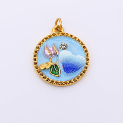 Gold Stainless Steel 23mm Round CZ Hand-Painted Enamel Flower &amp; Heart Charm in Pink &amp; Blue | J012