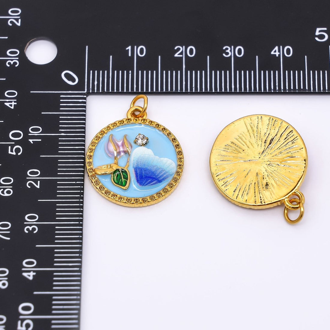 Gold Stainless Steel 23mm Round CZ Hand-Painted Enamel Flower &amp; Heart Charm in Pink &amp; Blue | J012