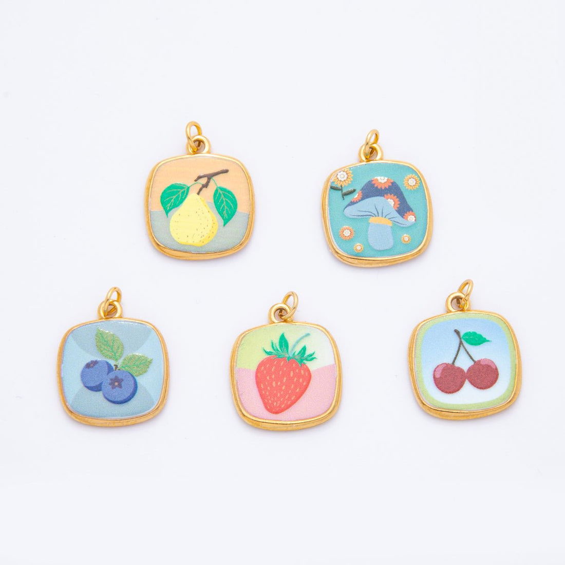 Gold Stainless Steel 24mm Hand-Painted Enamel Blueberry, Pear Fruit, &amp; Mushroom Charm | J073 J161 J376 J084 J095