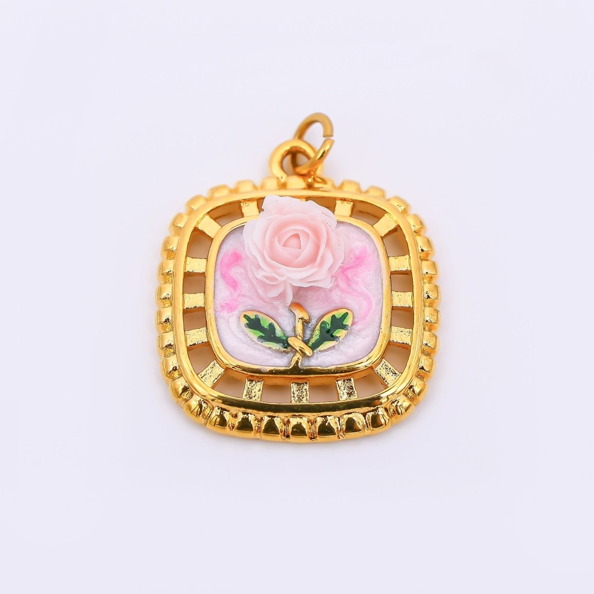 Gold Stainless Steel 24mm Hand-Painted Enamel Locket Flower Charm in Pink &amp; Blue | J028