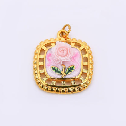 Gold Stainless Steel 24mm Hand-Painted Enamel Locket Flower Charm in Pink &amp; Blue | J028