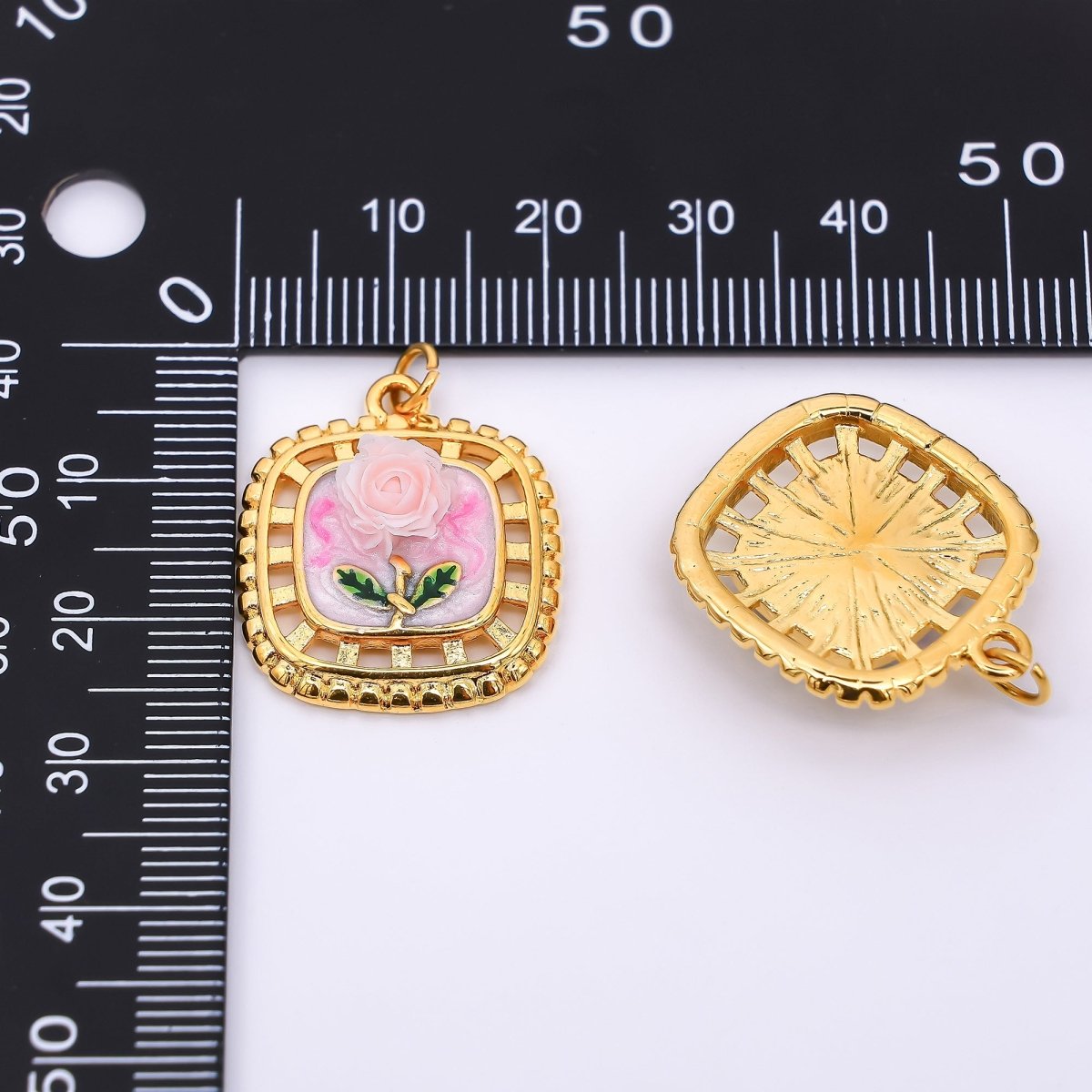 Gold Stainless Steel 24mm Hand-Painted Enamel Locket Flower Charm in Pink &amp; Blue | J028