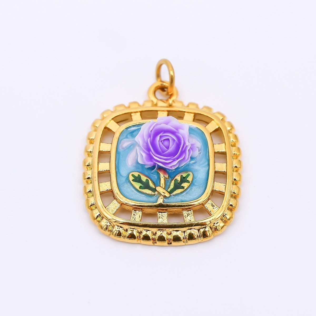 Gold Stainless Steel 24mm Hand-Painted Enamel Locket Flower Charm in Pink &amp; Blue | J028