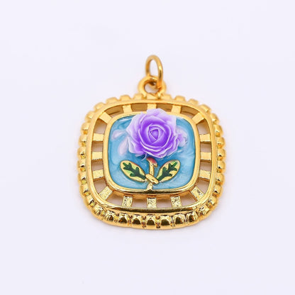Gold Stainless Steel 24mm Hand-Painted Enamel Locket Flower Charm in Pink &amp; Blue | J028