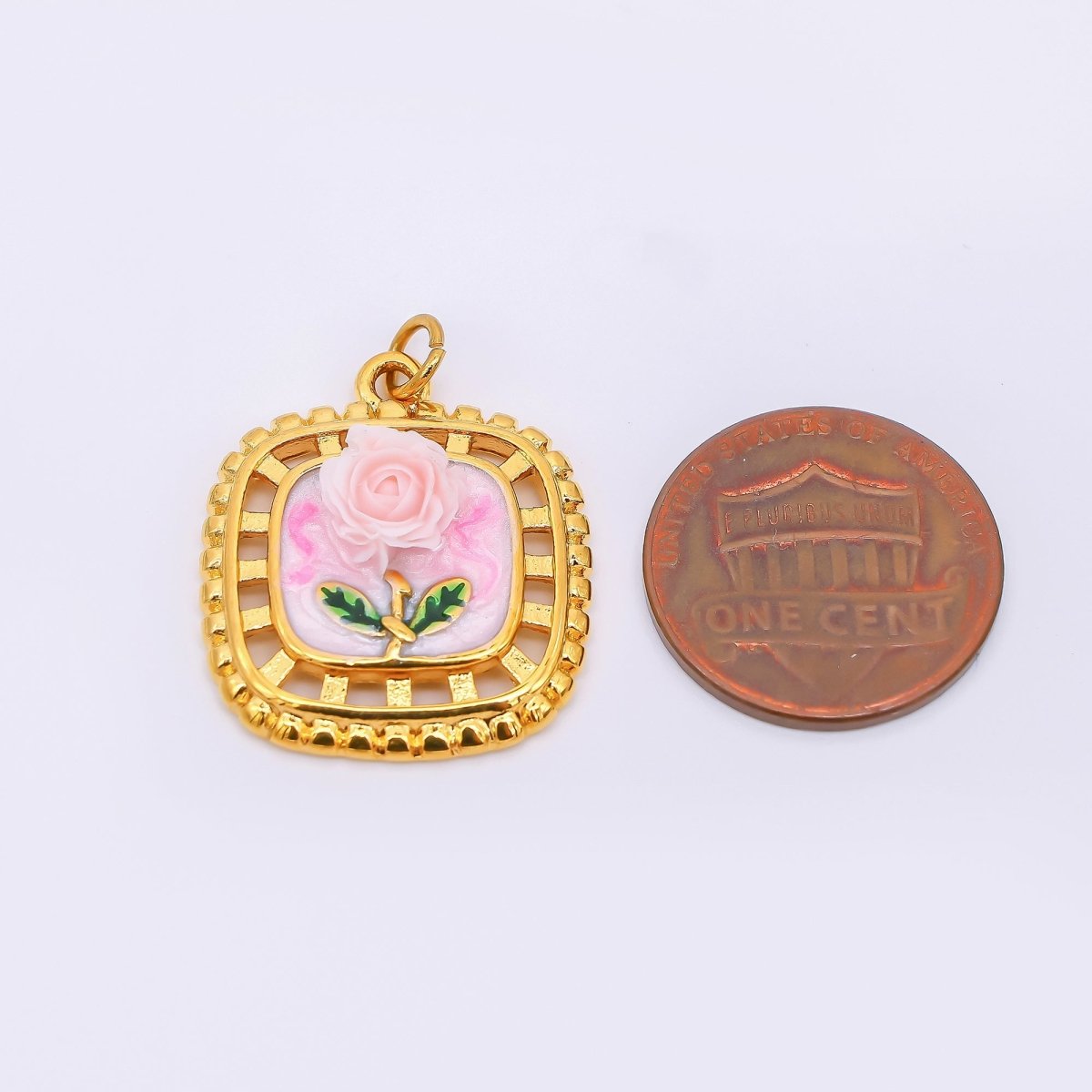 Gold Stainless Steel 24mm Hand-Painted Enamel Locket Flower Charm in Pink &amp; Blue | J028