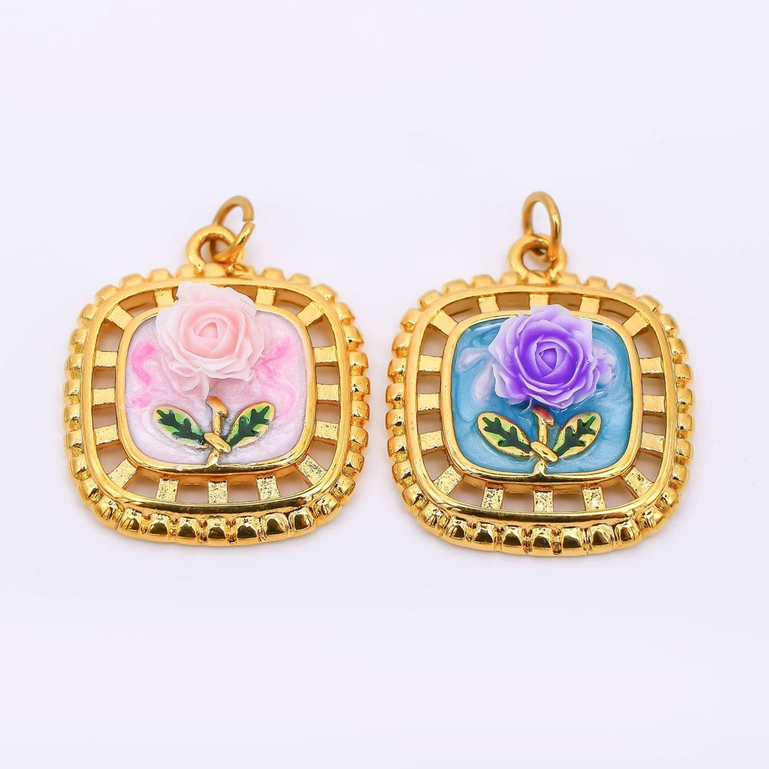 Gold Stainless Steel 24mm Hand-Painted Enamel Locket Flower Charm in Pink &amp; Blue | J028