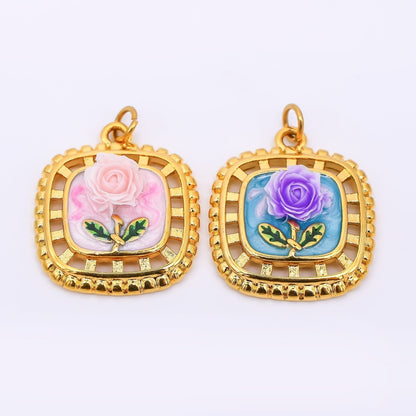 Gold Stainless Steel 24mm Hand-Painted Enamel Locket Flower Charm in Pink &amp; Blue | J028