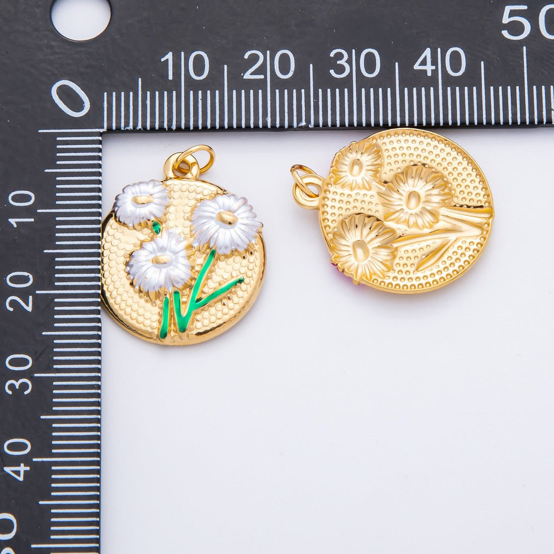 Gold Stainless Steel 26.5mm Fuchsia &amp; White Enamel Flower in Coin Charm | J683