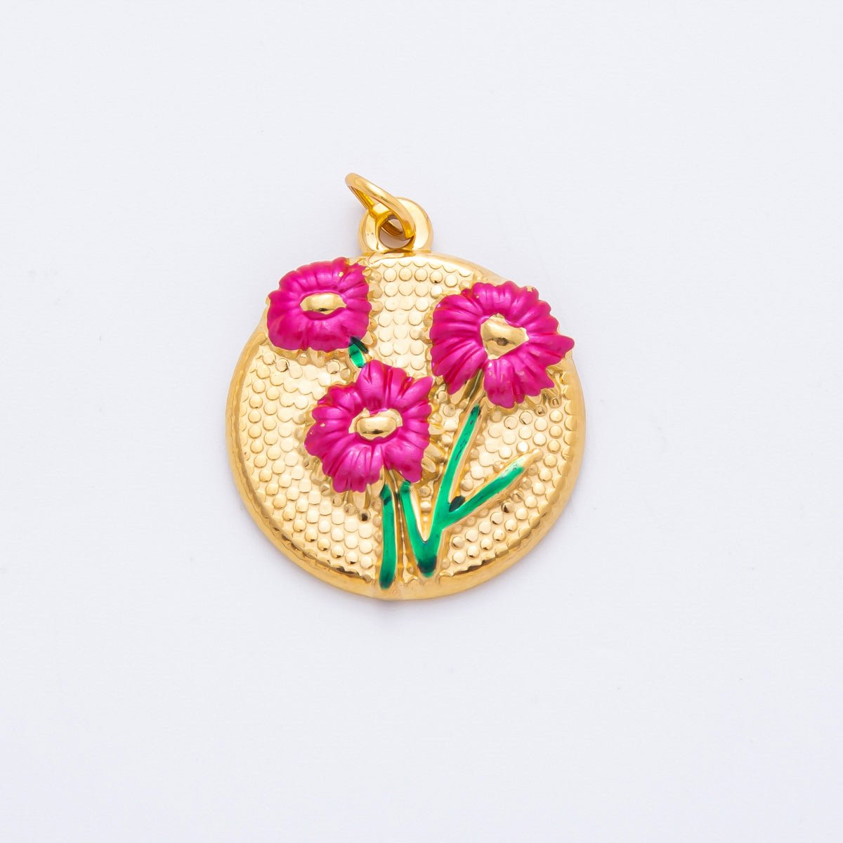 Gold Stainless Steel 26.5mm Fuchsia &amp; White Enamel Flower in Coin Charm | J683
