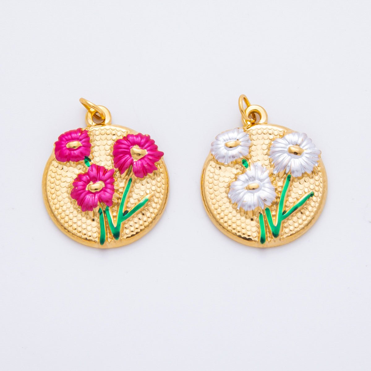 Gold Stainless Steel 26.5mm Fuchsia &amp; White Enamel Flower in Coin Charm | J683