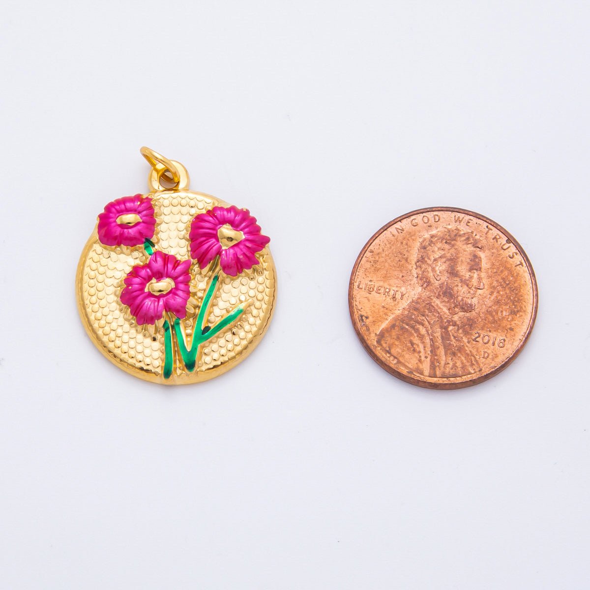 Gold Stainless Steel 26.5mm Fuchsia &amp; White Enamel Flower in Coin Charm | J683