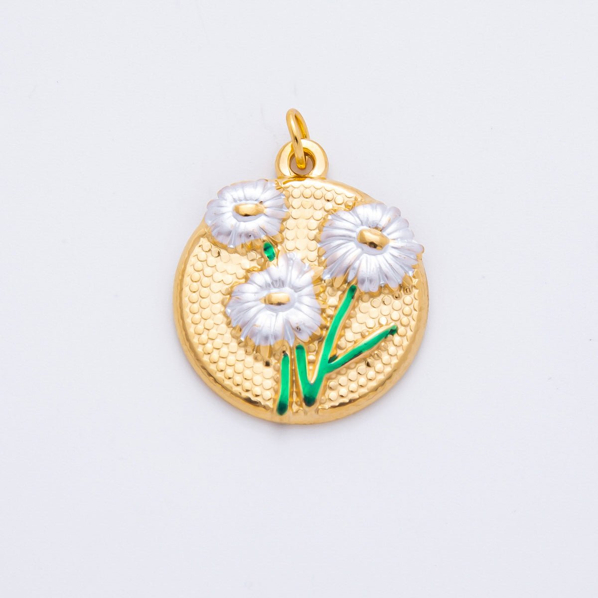 Gold Stainless Steel 26.5mm Fuchsia &amp; White Enamel Flower in Coin Charm | J683