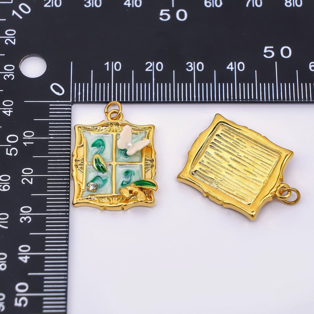 Gold Stainless Steel 26mm Hand-Painting Enamel Windows with Butterfly Charm in Green &amp; Pink | J010