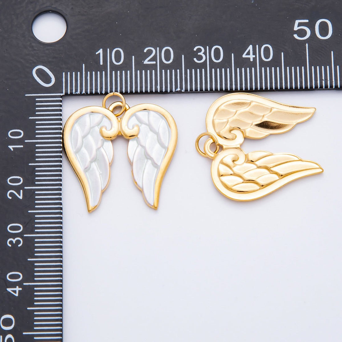Gold Stainless Steel 26mm White Enamel Heavenly Angel Wings Charm | J778
