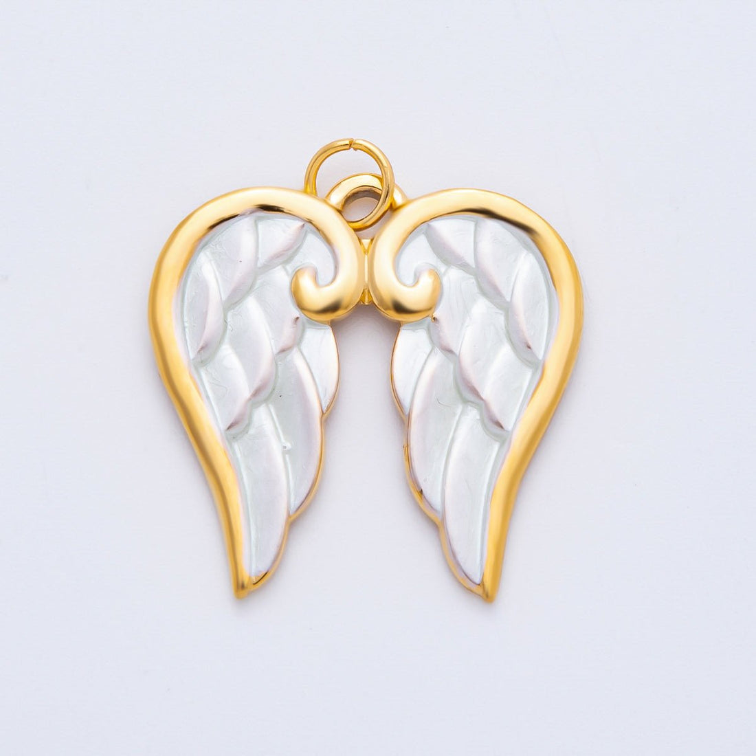 Gold Stainless Steel 26mm White Enamel Heavenly Angel Wings Charm | J778