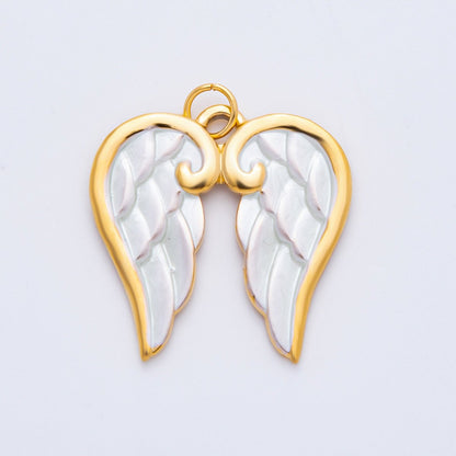 Gold Stainless Steel 26mm White Enamel Heavenly Angel Wings Charm | J778