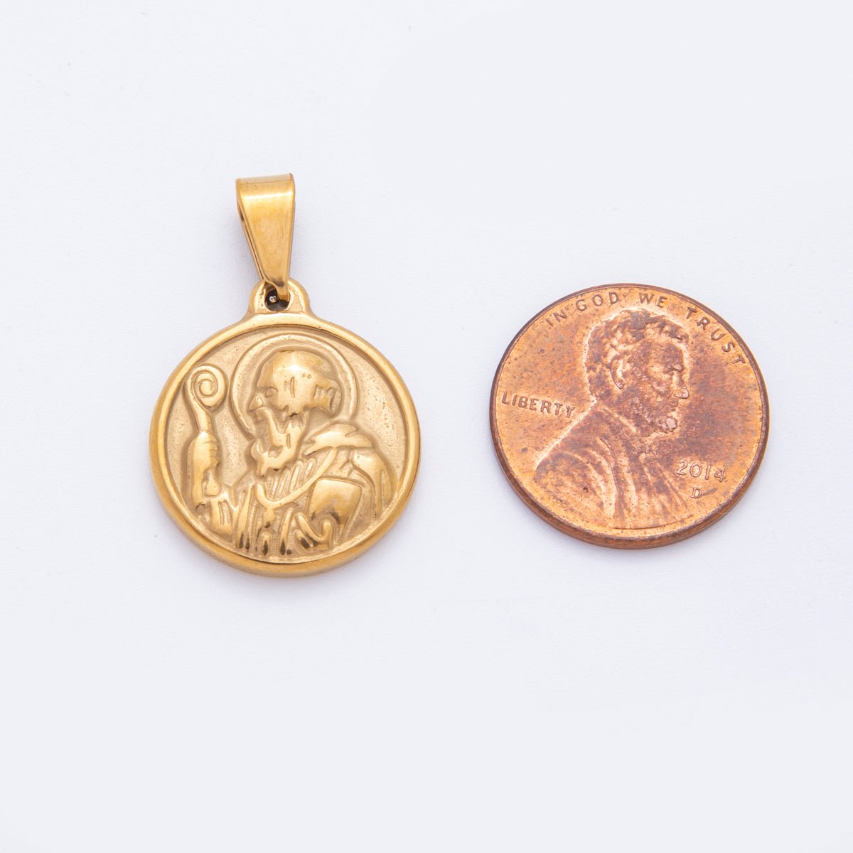 Gold Stainless Steel 28mm Saint Benedict Religious Medallion Pendant | J004