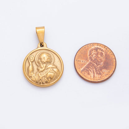 Gold Stainless Steel 28mm Saint Benedict Religious Medallion Pendant | J004