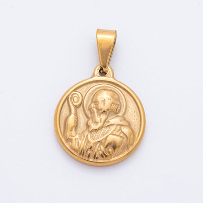 Gold Stainless Steel 28mm Saint Benedict Religious Medallion Pendant | J004