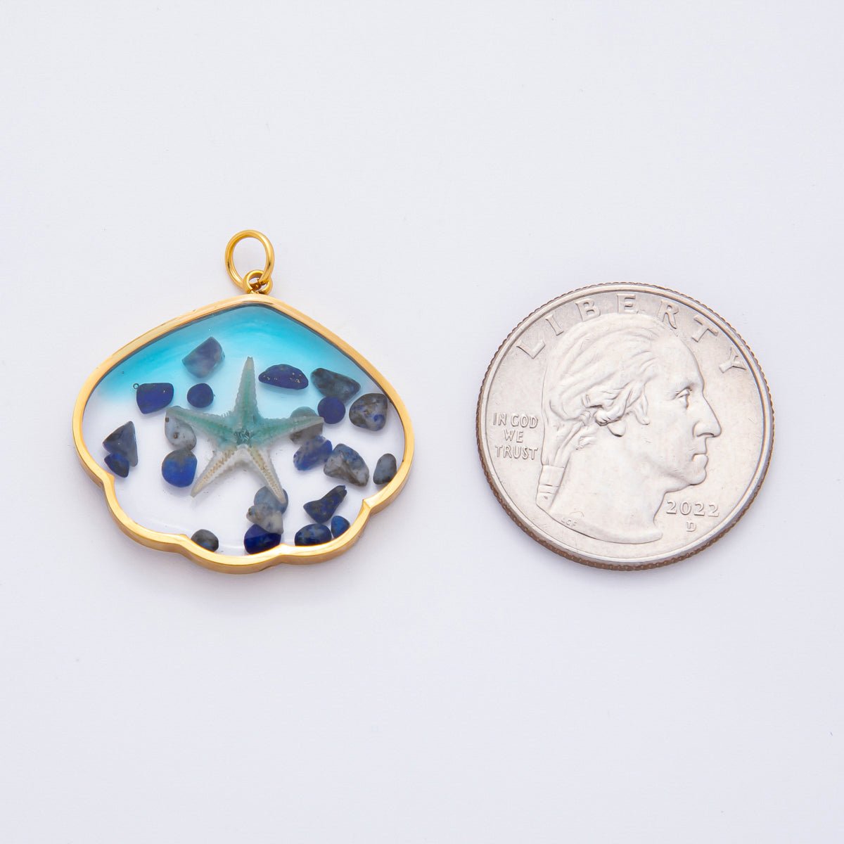 Gold Stainless Steel 29mm Ocean Blue Resin Starfish &amp; Beach Stones Charm | J696