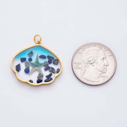 Gold Stainless Steel 29mm Ocean Blue Resin Starfish &amp; Beach Stones Charm | J696