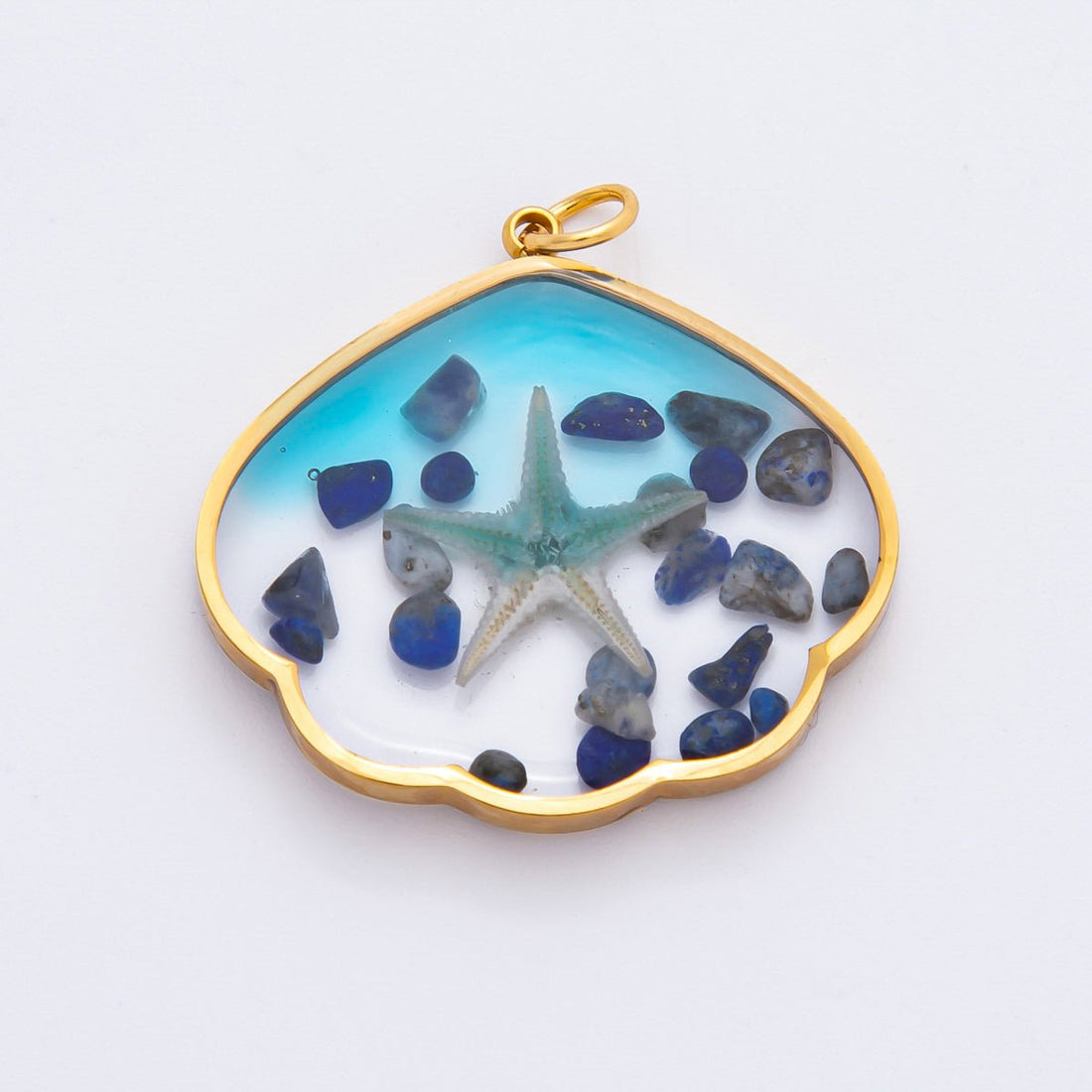 Gold Stainless Steel 29mm Ocean Blue Resin Starfish &amp; Beach Stones Charm | J696