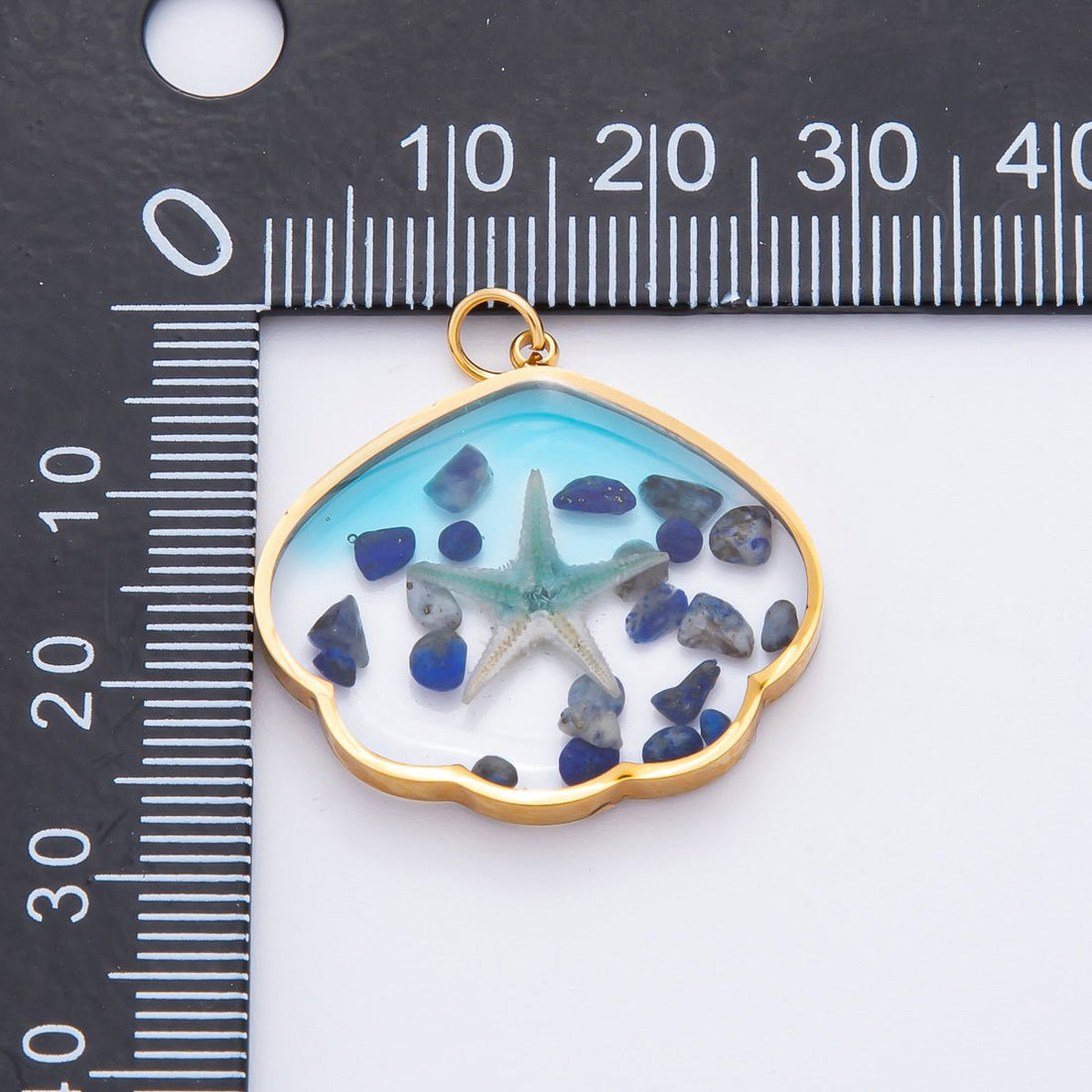 Gold Stainless Steel 29mm Ocean Blue Resin Starfish &amp; Beach Stones Charm | J696