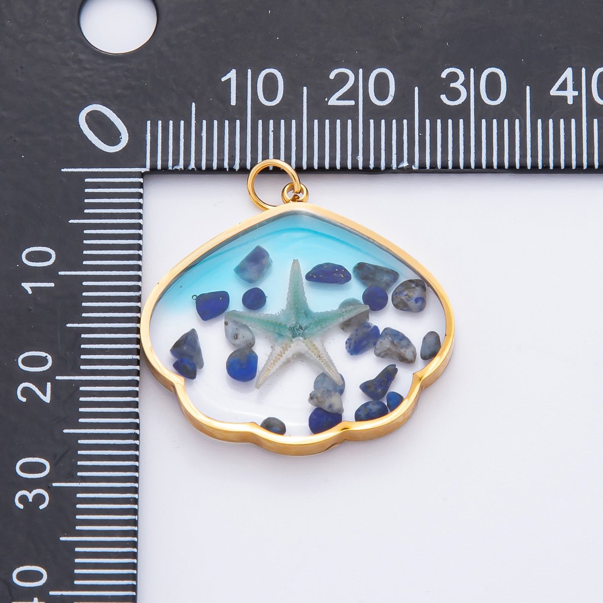 Gold Stainless Steel 29mm Ocean Blue Resin Starfish &amp; Beach Stones Charm | J696