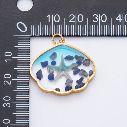 Gold Stainless Steel 29mm Ocean Blue Resin Starfish &amp; Beach Stones Charm | J696