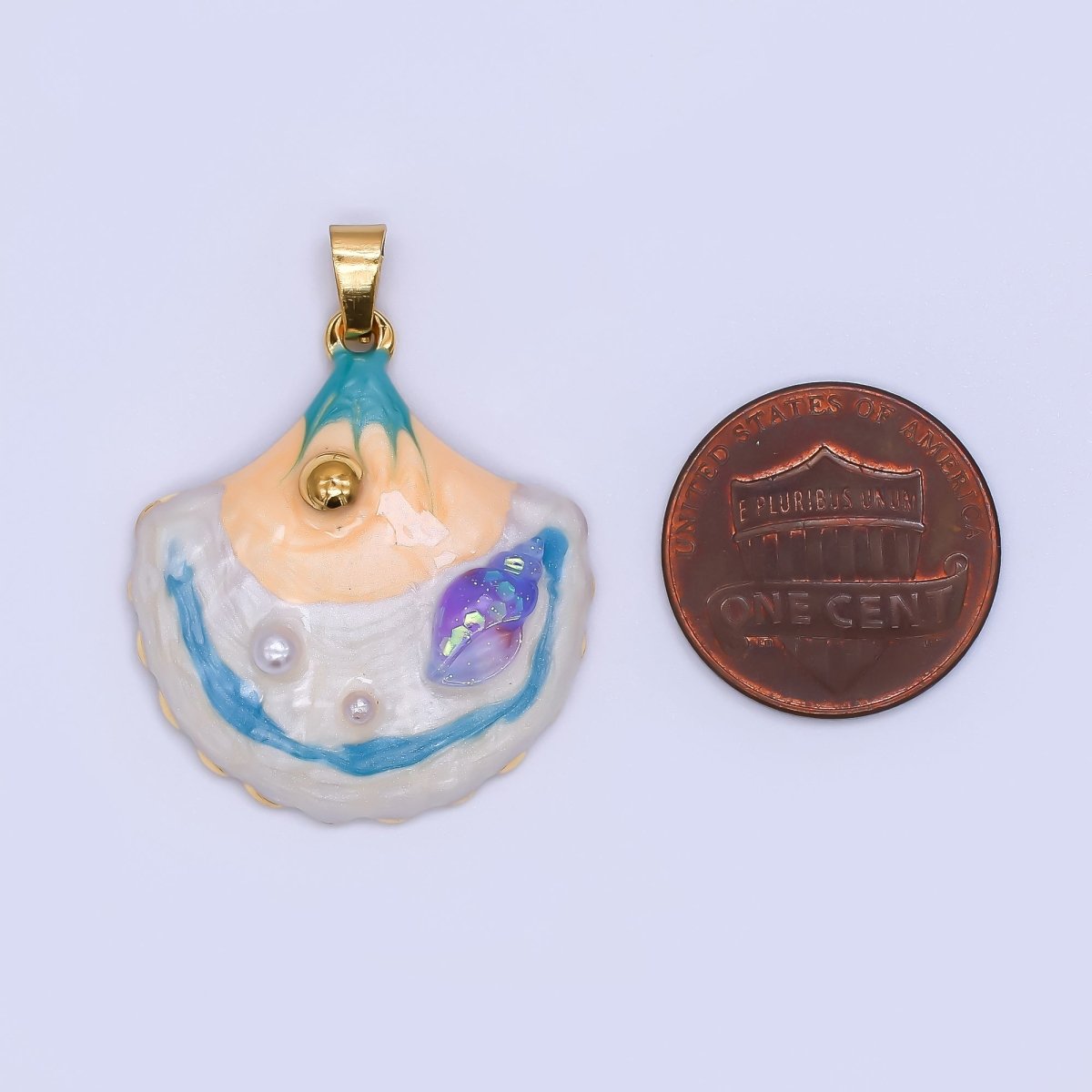 Gold PVD Stainless Steel 30mm Multicolor Enamel Clam Sea Shell Summer Pendant | J187