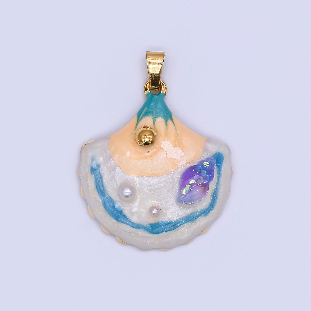 Gold PVD Stainless Steel 30mm Multicolor Enamel Clam Sea Shell Summer Pendant | J187