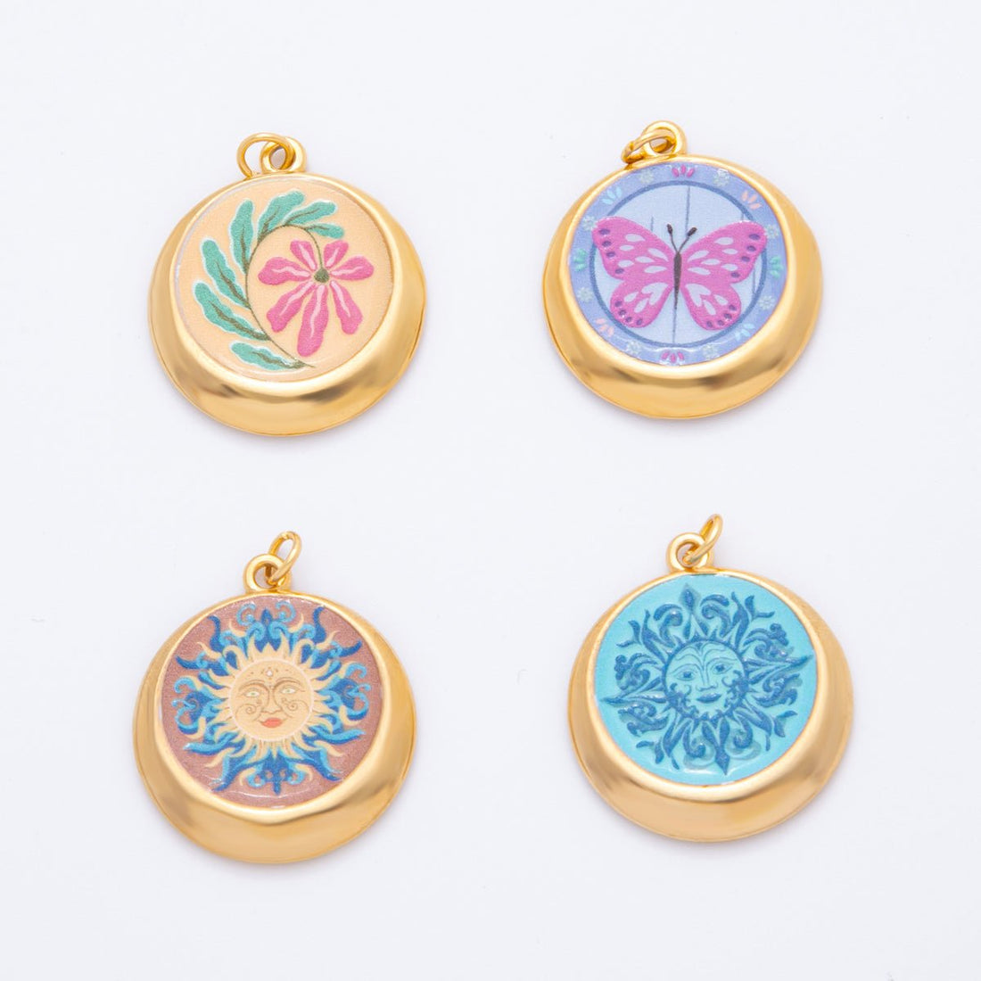 Gold Stainless Steel 30mm Hand-Painted Enamel Round Fantasy Butterfly, Sun, &amp; Flower Charm | J381 J393 J422 J428