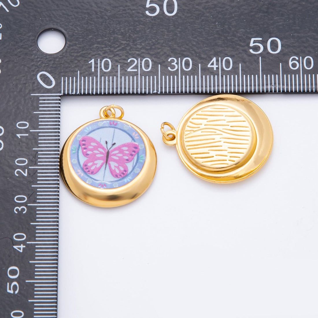 Gold Stainless Steel 30mm Hand-Painted Enamel Round Fantasy Butterfly, Sun, &amp; Flower Charm | J381 J393 J422 J428