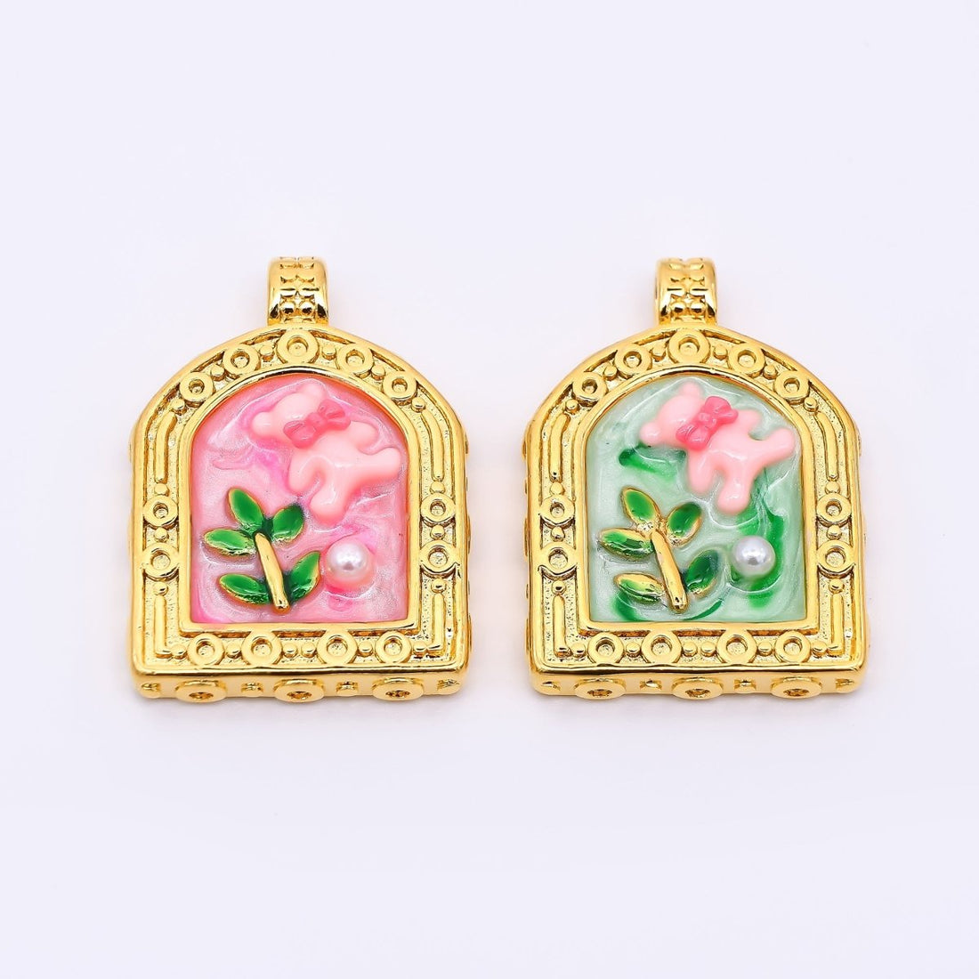 Gold Stainless Steel 30mm Hand-Painted Enamel Teddy Bear and Shell Pearl Pendant in Pink &amp; Green | P663