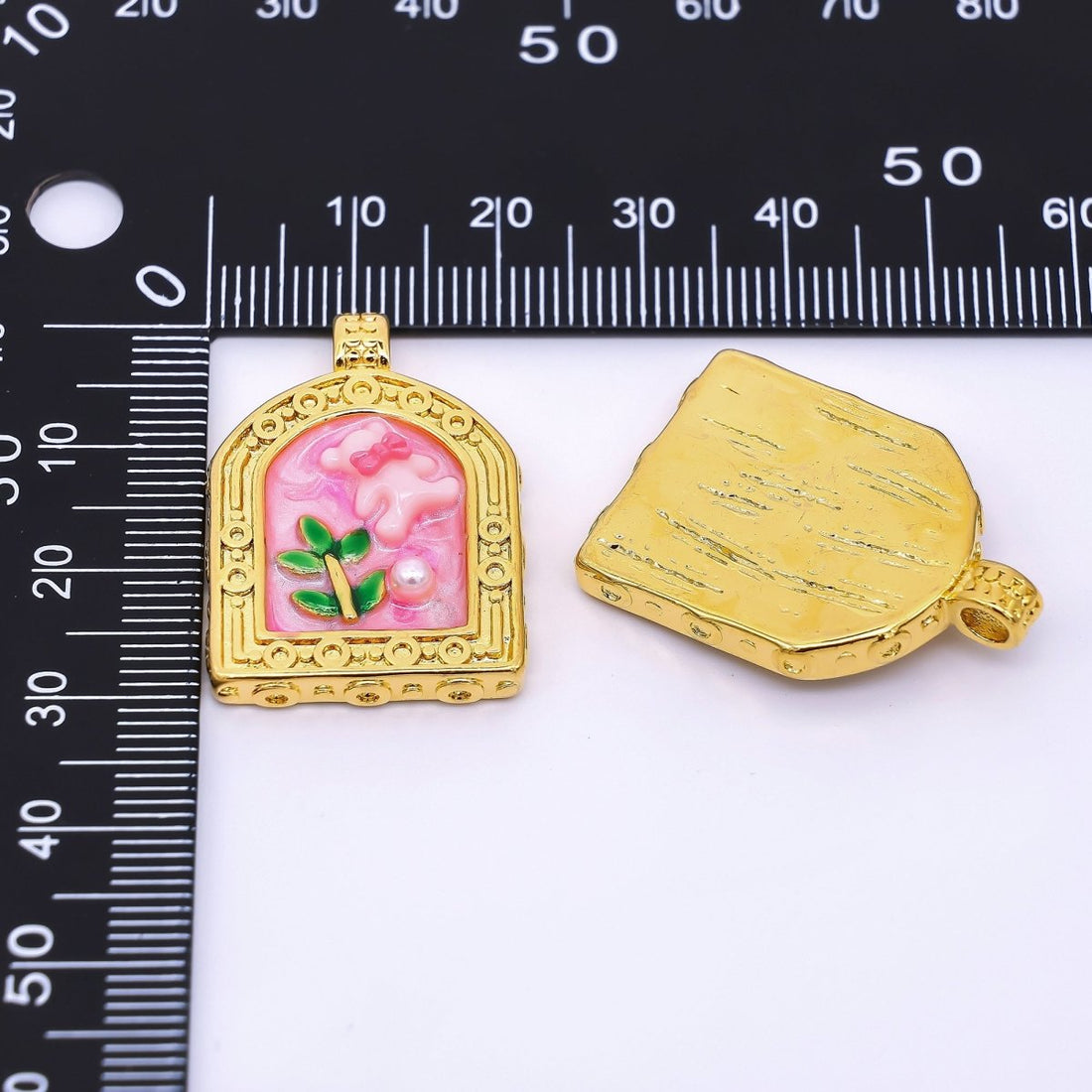 Gold Stainless Steel 30mm Hand-Painted Enamel Teddy Bear and Shell Pearl Pendant in Pink &amp; Green | P663