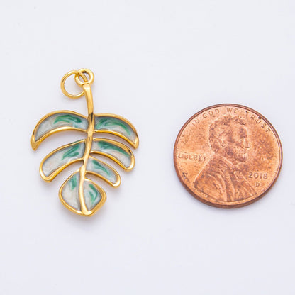 Gold Stainless Steel 31mm Enamel Tropical Palm Tree Leaf Monstera Charm | J783