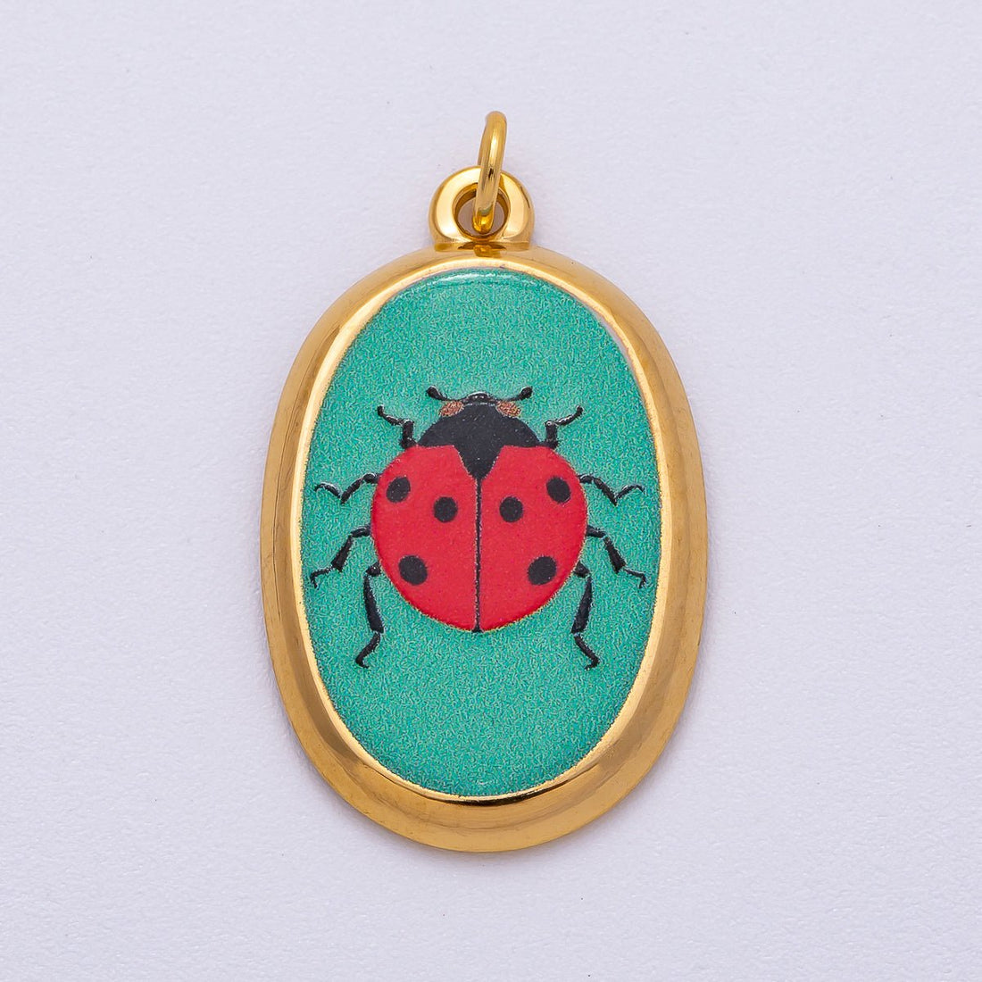 Gold Stainless Steel 31mm Hand-Painted Enamel Oval Ladybug Insect Charm | J420