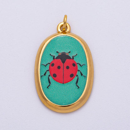 Gold Stainless Steel 31mm Hand-Painted Enamel Oval Ladybug Insect Charm | J420