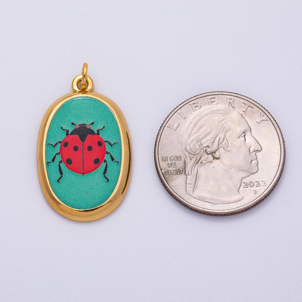Gold Stainless Steel 31mm Hand-Painted Enamel Oval Ladybug Insect Charm | J420