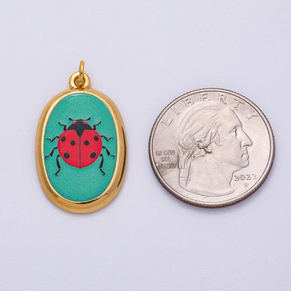 Gold Stainless Steel 31mm Hand-Painted Enamel Oval Ladybug Insect Charm | J420