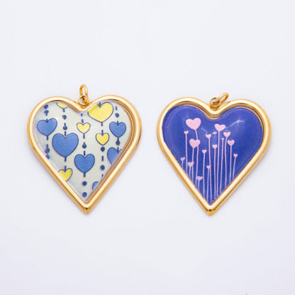 Gold Stainless Steel 31mm Hand-Painted Enamel Sparking Love Charm | J430 J438