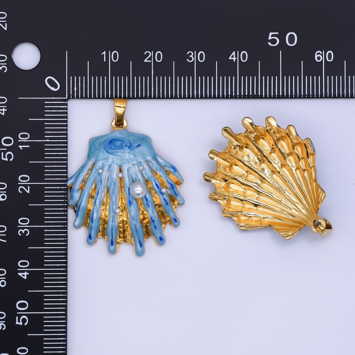 Gold PVD Stainless Steel 33mm Blue Enamel Blue Clam Shell Pearl Pendant | J169